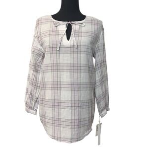Caslon‎ Isabella Windowpane Ivory Lavender Plaid Cotton Pullover Shirt XS NEW